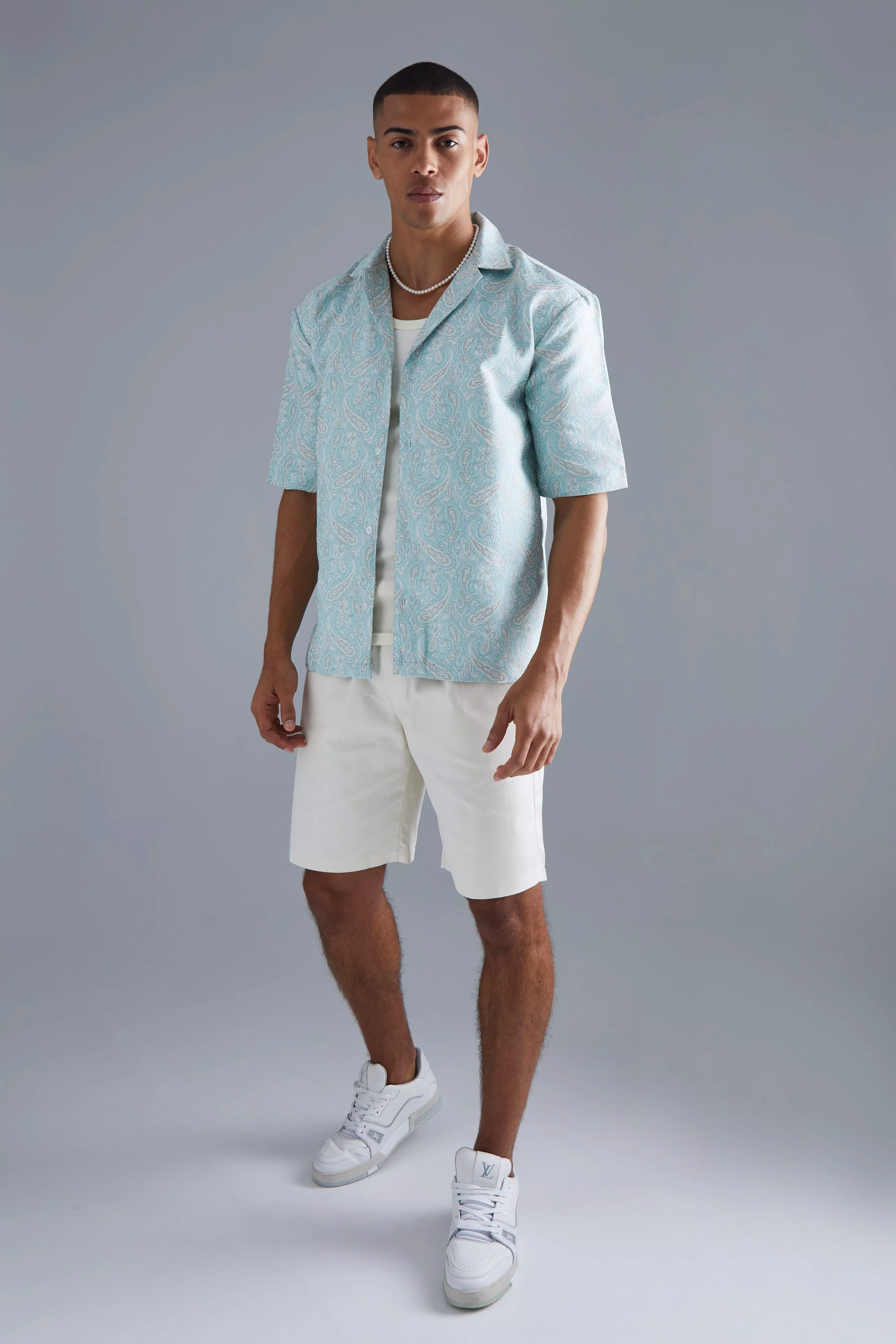 Short Sleeve Drop Revere Paisley Jacquard Shirt